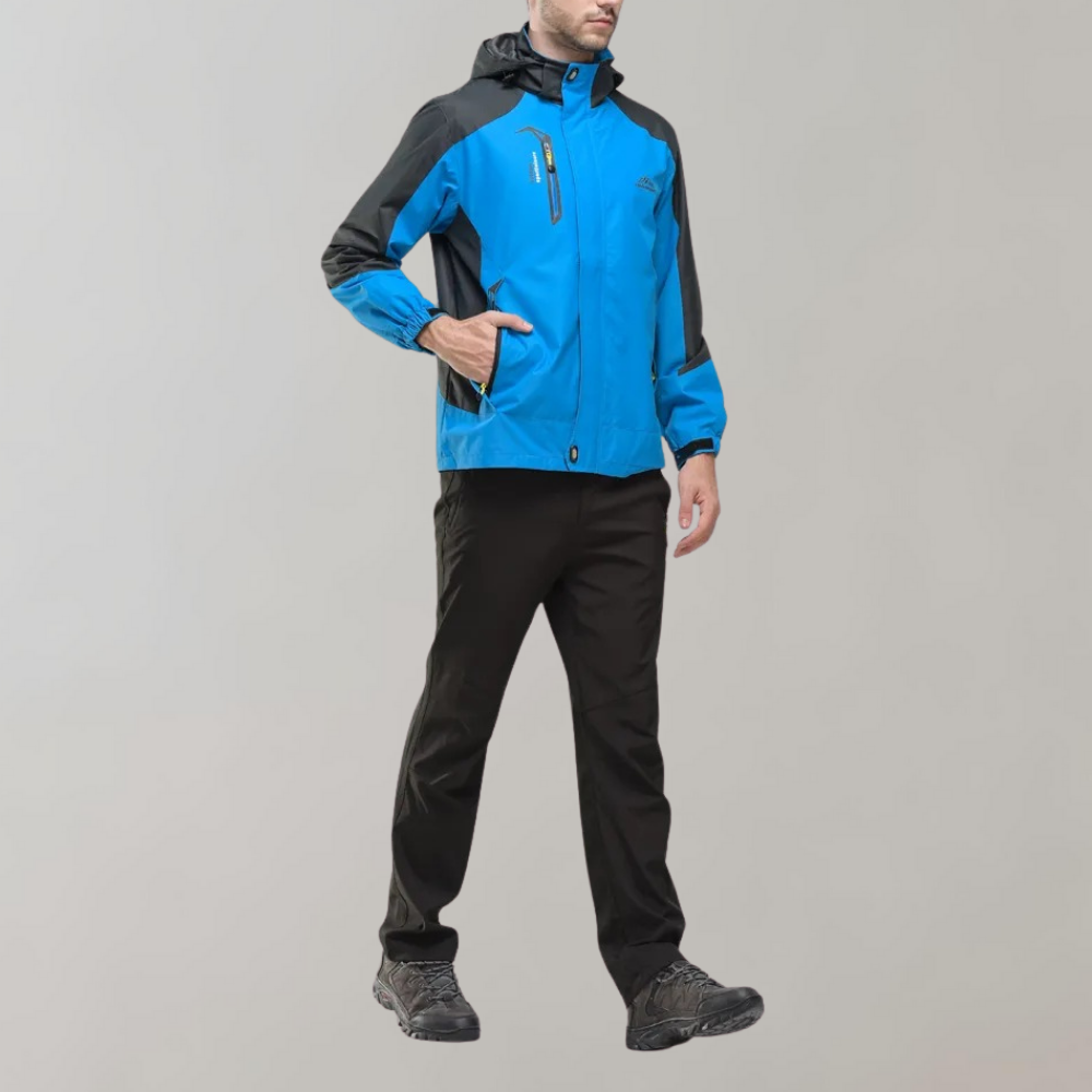 Veste softshell homme pour activités de plein air avec capuche, membrane coupe-vent et traitement déperlant