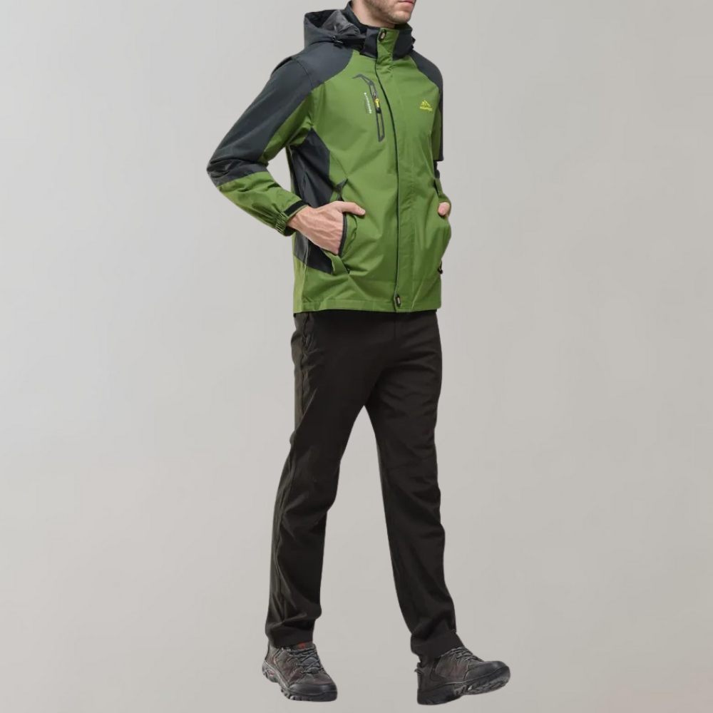 Veste softshell homme pour activités de plein air avec capuche, membrane coupe-vent et traitement déperlant