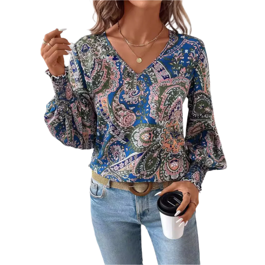 Blusa estampada para mujer con escote en V - Camisa elegante y cómoda con mangas farol